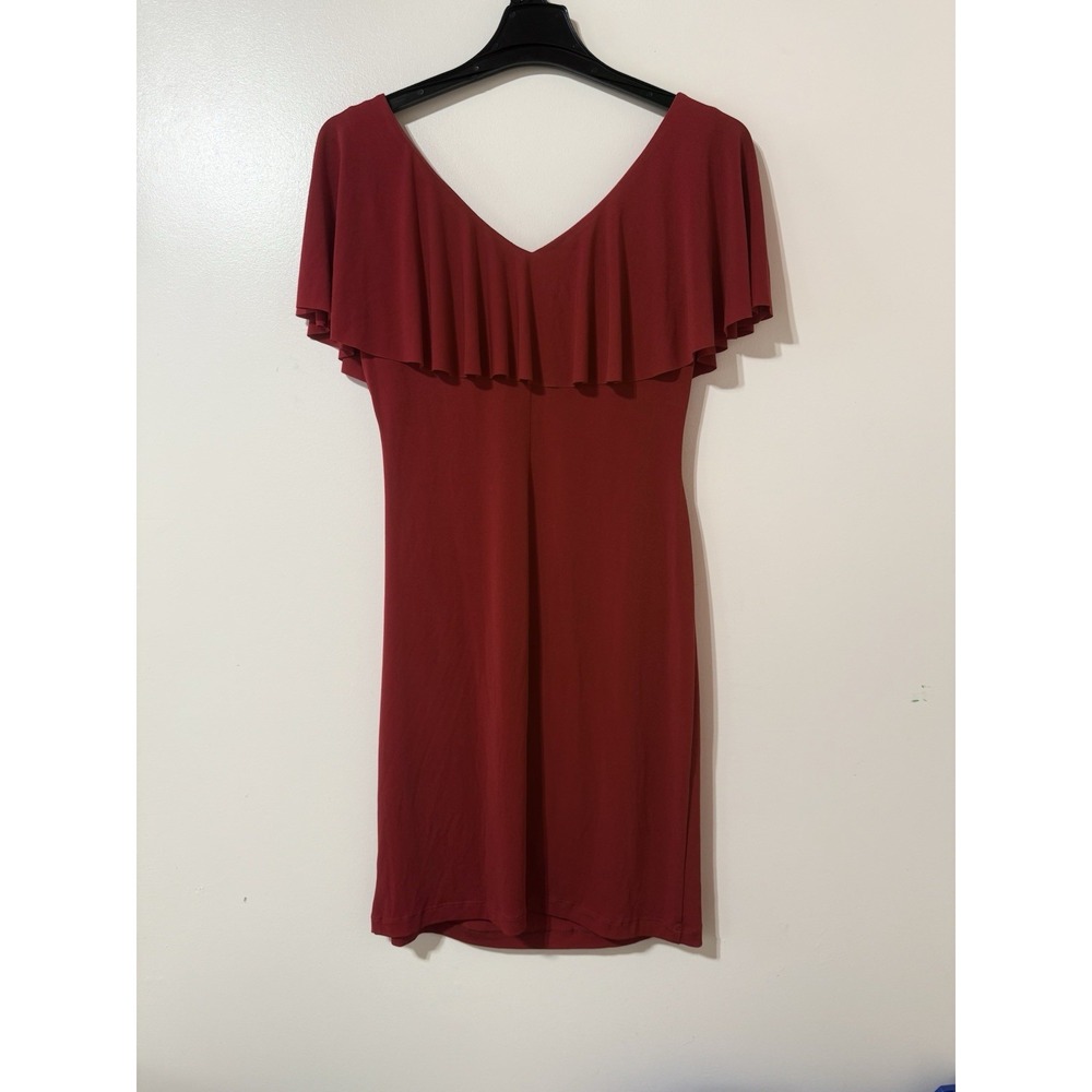 Connected Apparel Dress Womens Size 12 Red Ruffled V- Neck Ruched Sleeveless - Picture 2 of 9